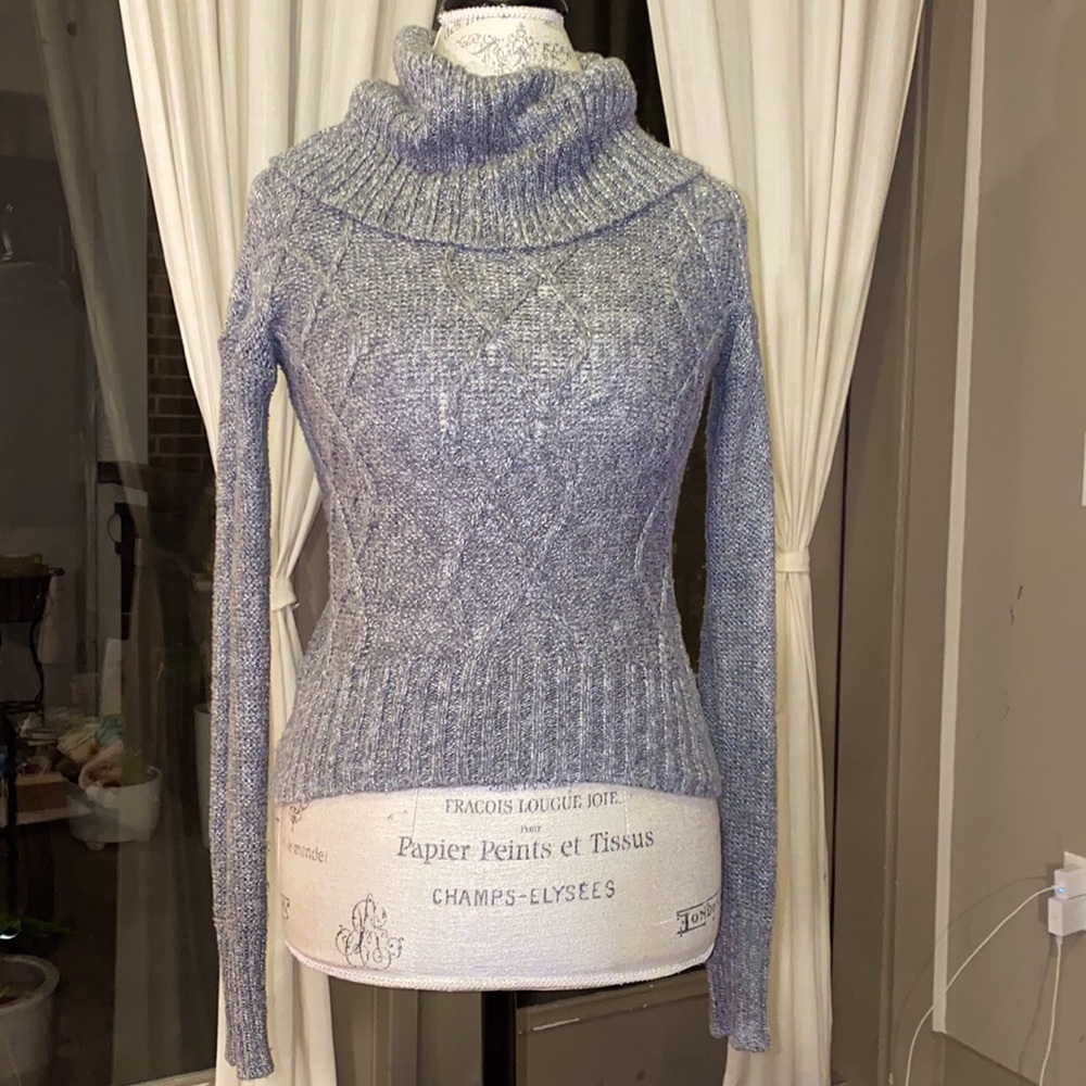 Gray cowl neck turtleneck longsleeve textured short sweater shirt women’s top S - Picture 1 of 7